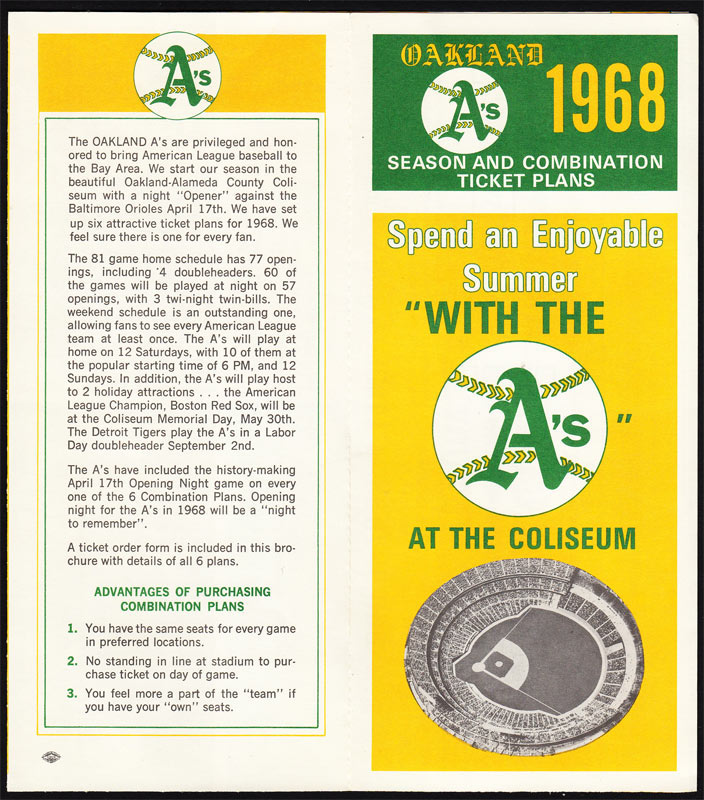Oakland Athletics 1968 Schedule and Ticket Order Form