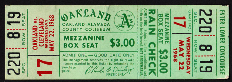 Oakland Athletics **RARE** 1968 Ticket Cleveland Indians VTG Jim Nash antique Baseball Ticket