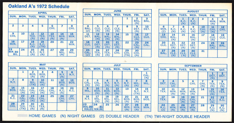 Oakland Athletics **RARE** 1972 Home Pocket Schedule VTG MLB Promo A's guide Pocket Schedule