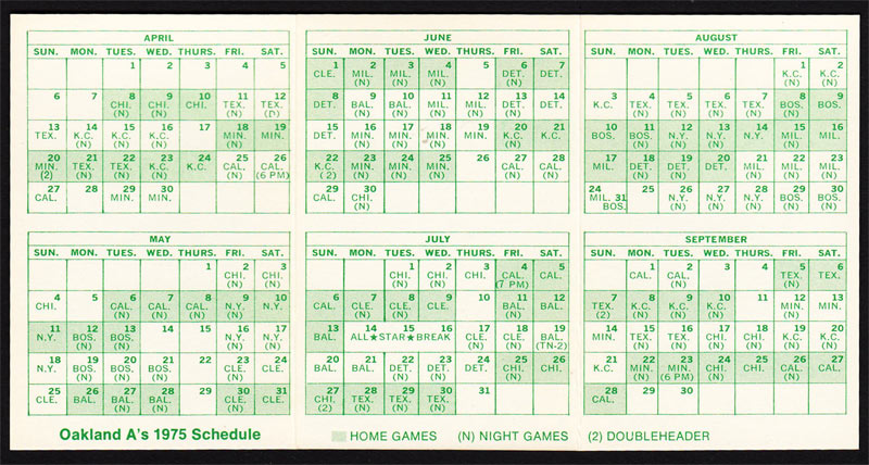 Oakland Athletics **RARE** 1975 Home Pocket Schedule VTG MLB Promo A's guide Pocket Schedule