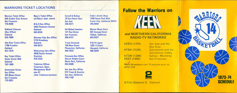 Golden State Warriors 1973/74 NBA Basketball Pocket Schedule