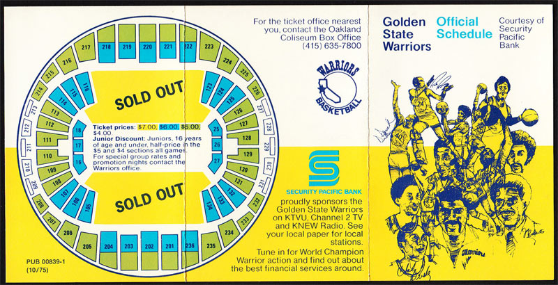 Golden State Warriors 1975/76 Pocket Schedule VTG NBA Oakland guide Pocket Schedule
