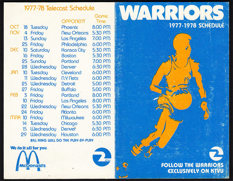 Golden State Warriors 1977/78 NBA McDonalds Basketball Pocket Schedule
