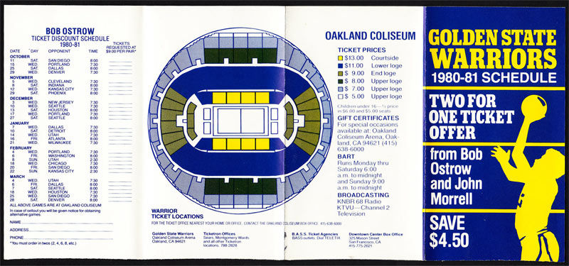 Golden State Warriors 1980/81 Pocke NBA Oakland Basketball Pocket Schedule