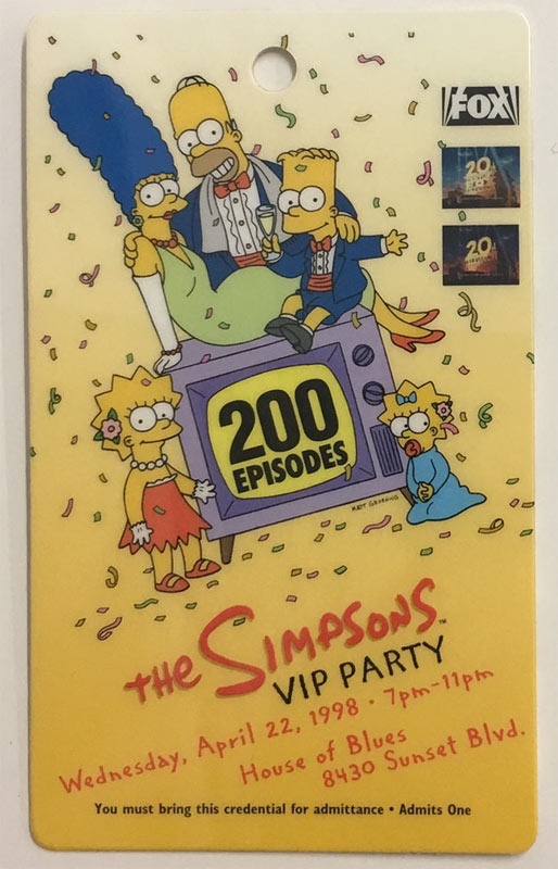 The Simpsons 200 Episodes VIP Party Laminate Pass