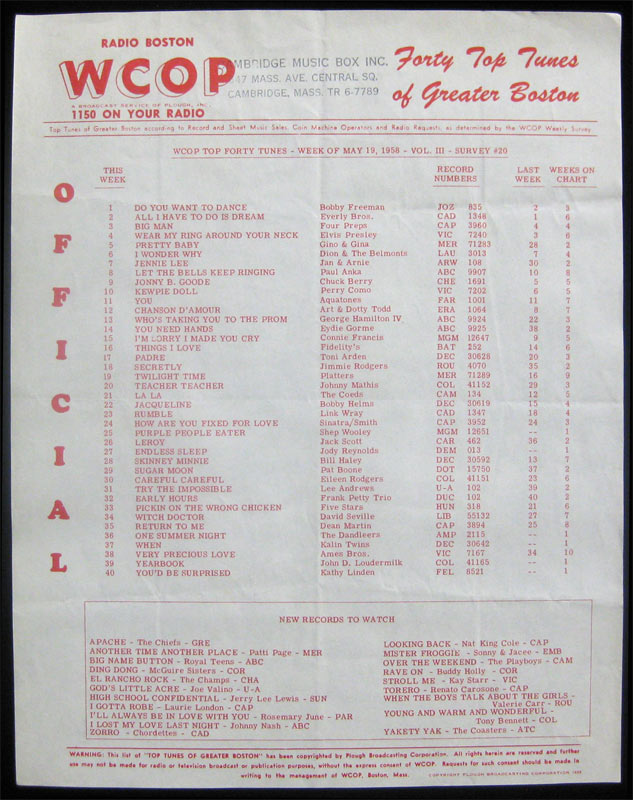 WCOP Top 40 May 19 1958 Radio Survey