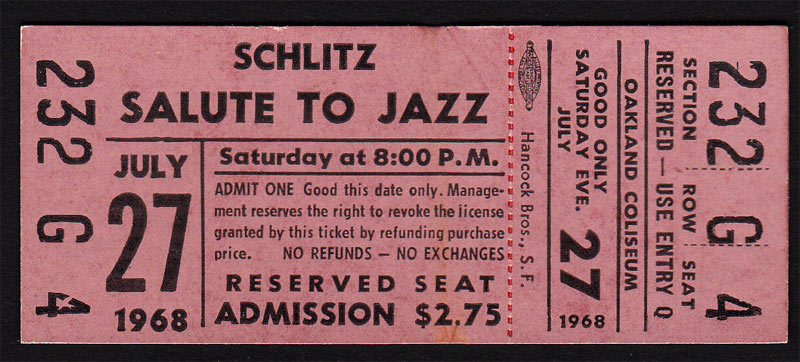 Schlitz Salute to Jazz 1968 Oakland Concert Ticket VTG Thelonious Monk Concert Ticket