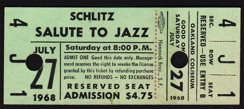 Thelonious Monk + Dizzy Gillespie Schlitz Jazz Fest 1968 Concert Ticket Concert Ticket