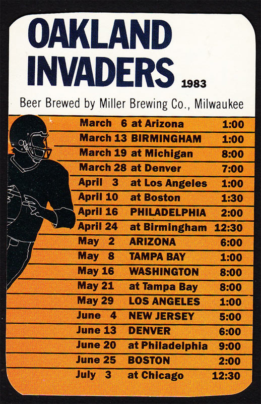Oakland Invaders 1983 USFL Miller Beer Football Pocket Schedule