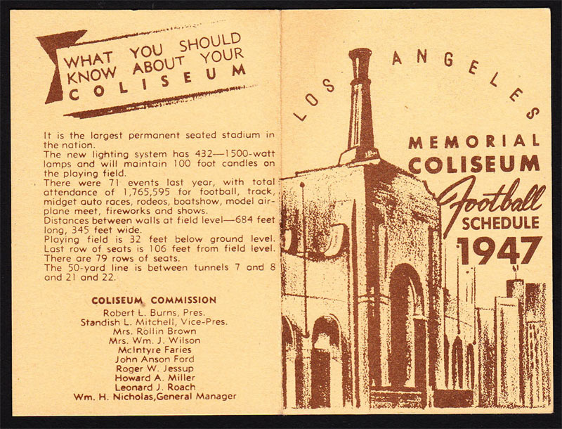 Los Angeles Coliseum 1947 LA Rams Dons UCLA  USC Football Pocket Schedule