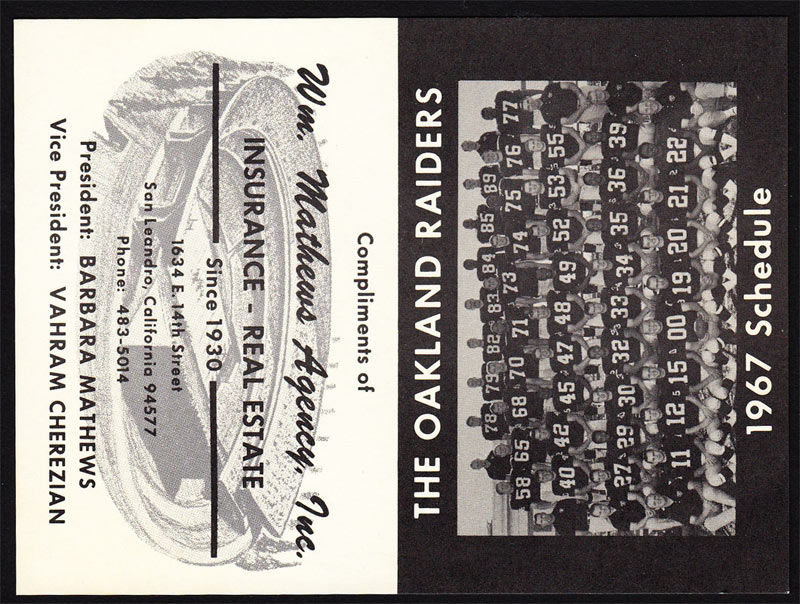 Oakland Raiders 1967 Clem Daniels Football Pocket Schedule