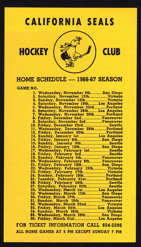 California Seals 1966/67 Home Pocket Schedule Hockey Pocket Schedule