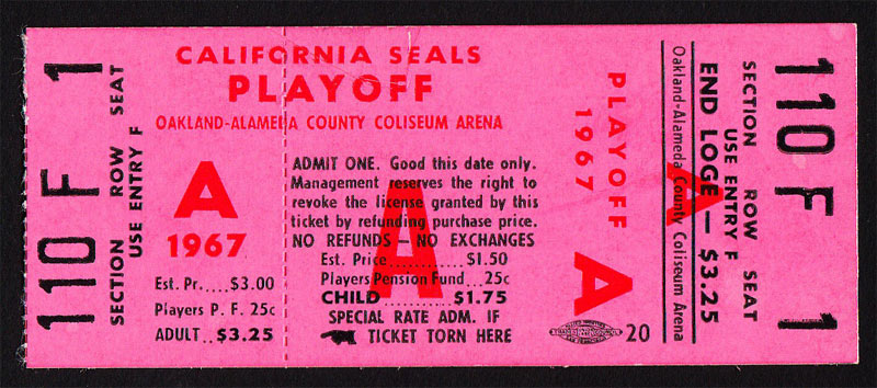 California Seals 1967 Playoff Game A Ticket Hockey Ticket