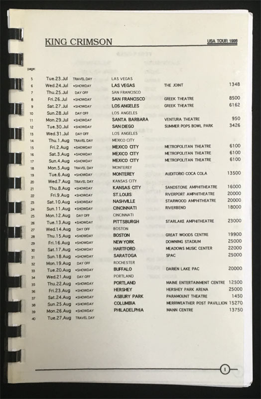 King Crimson USA Tour 1996 Travel Book Itinerary