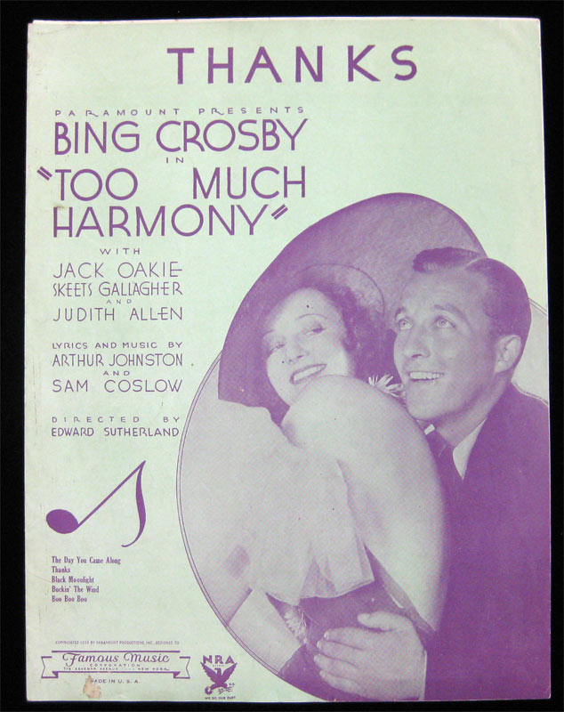 Bing Crosby - Thanks - Too Much Harmony Movie Sheet Music