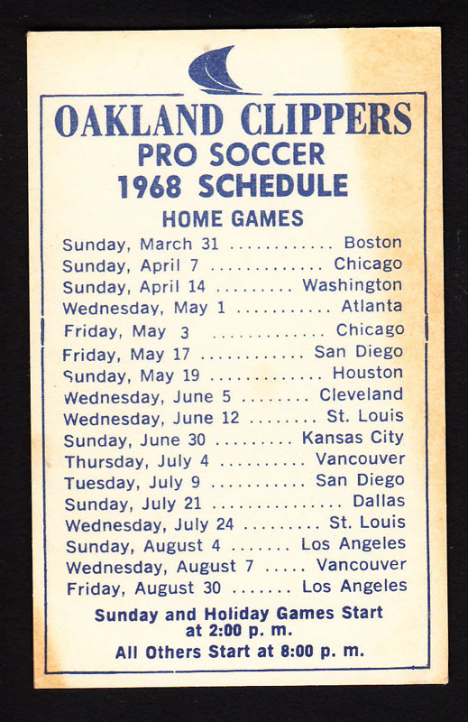 Oakland Clippers 1968 Pocket Soccer Pocket Schedule