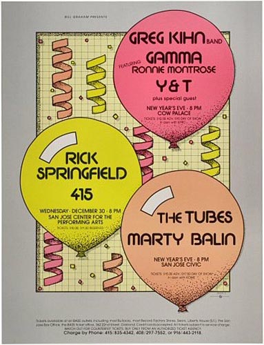 Arlene Owseichik Bill Graham Presents Greg Kihn Ronnie Montrose Rick Springfield The Tubes New Year's Eve Poster