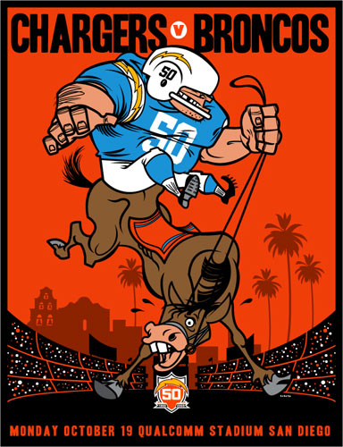 Scrojo Chargers vs Broncos AFL 50th Anniversary Poster