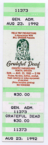 Grateful Dead 1992 Veneta Ticket