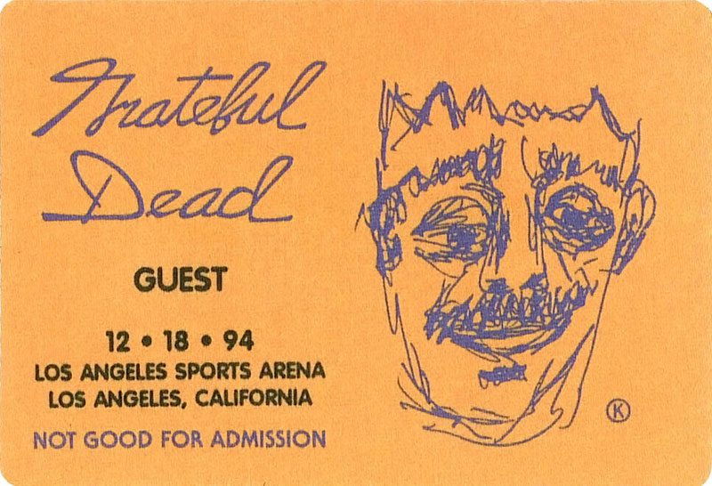 Bill Kreutzmann Grateful Dead 12/18/1994 Los Angeles Backstage Pass