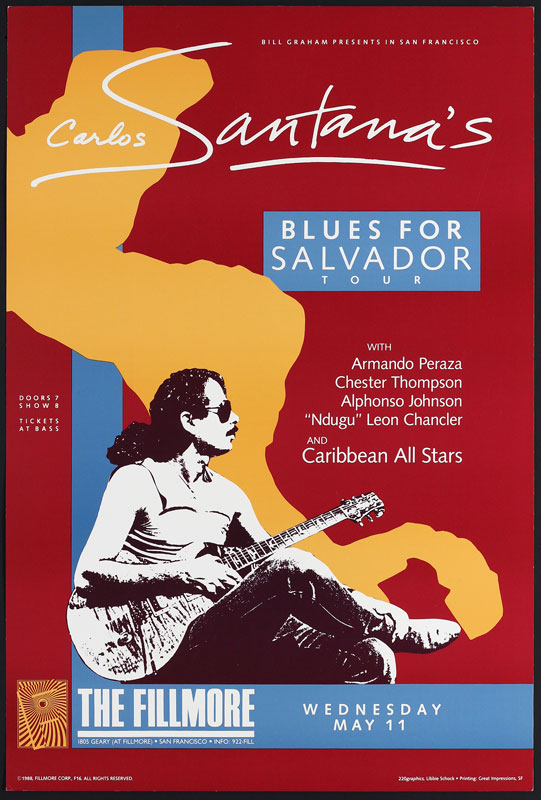 Carlos Santana's Blues for Salvador Tour 1988 Fillmore F16 Poster