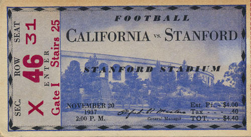 1937 Cal vs. Stanford Big Game Football Ticket