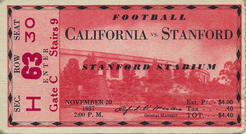 1937 Cal vs. Stanford Big Game Football Ticket