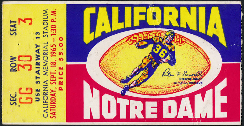 1965 Cal vs Notre Dame Football Ticket