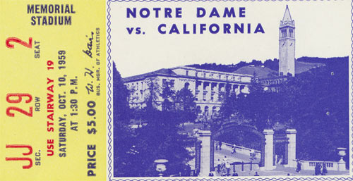 1959 Notre Dame vs Cal Football Ticket