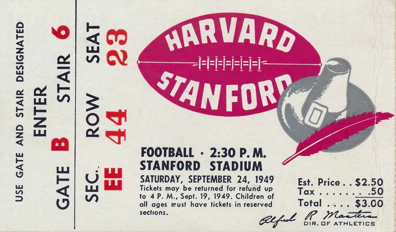 1949 Harvard vs Stanford Football Ticket
