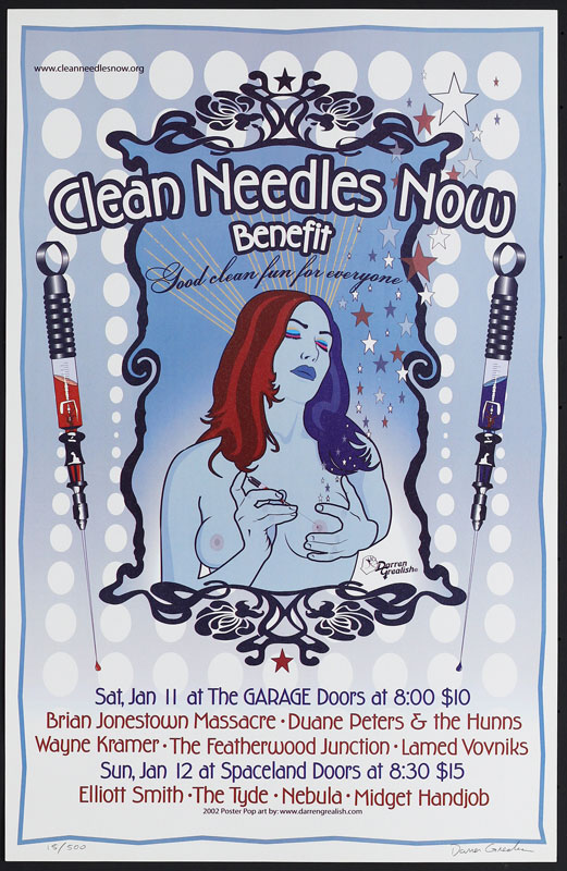 Darren Grealish Clean Needles Now Benefit - Elliott Smith - Brian Jonestown Massacre Poster