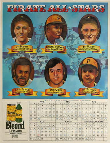 Pittsburgh Pirates All-Stars Baseball 1974 Schedule Calendar Poster