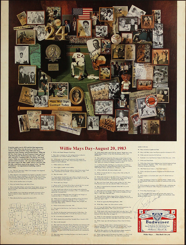 Willie Mays Day 1983 Budweiser Baseball Poster