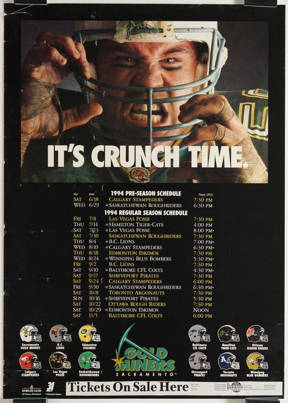 Sacramento Gold Miners 1994 Season Schedule CFL Canadian Football League Poster