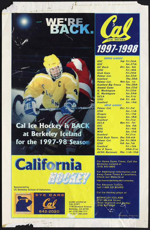 1997-98 Cal Bears Ice Hockey Schedule University of California Berkeley Poster