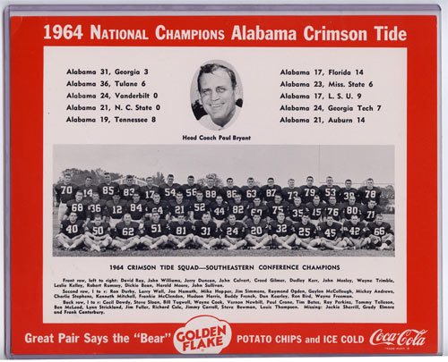 Alabama Crimson Tide 1964 Coca-Cola Golden Flake Promo Team Photo