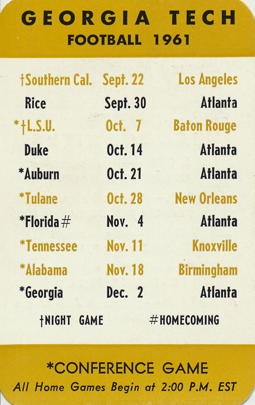 Georgia Tech 1961 Pocket College Football Schedule