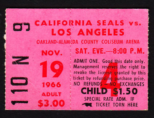 1966 California Seals vs. Los Angeles Blades Hockey Ticket