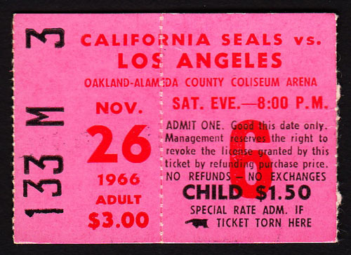 1966 California Seals vs. Los Angeles Blades Hockey Ticket