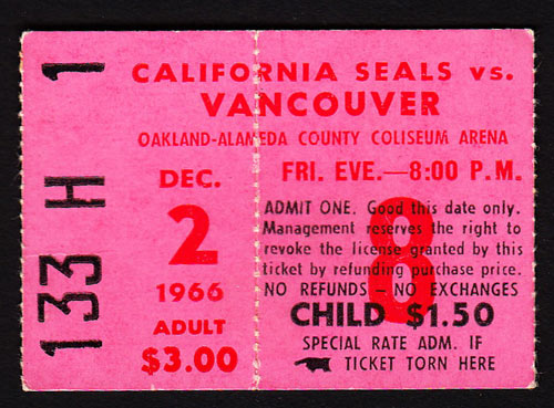 1966 California Seals vs. Vancouver Canucks Hockey Ticket