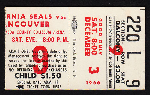 1966 California Seals vs. Vancouver Canucks Hockey Ticket