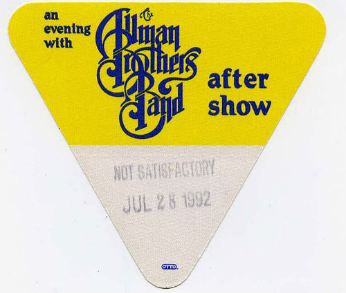 Allman Brothers Band 1992 Yellow After Show Backstage Pass