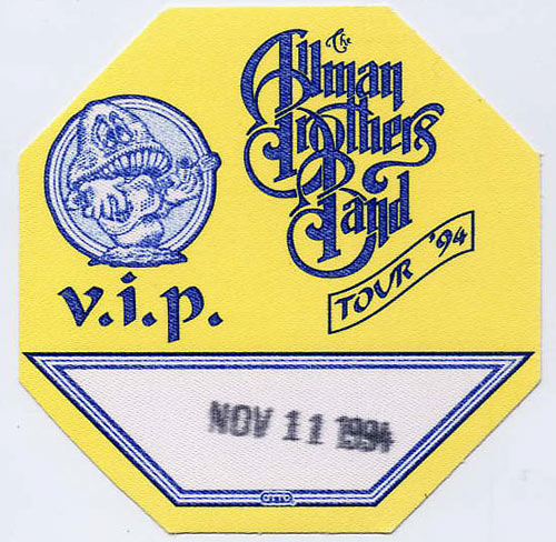 Allman Brothers Band 1994 Yellow VIP Backstage  Pass