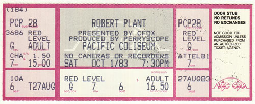 Robert Plant 10/1/1983 Pacific Coliseum Concert Ticket