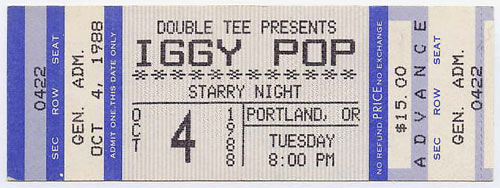 Iggy Pop 1988 Portland Ticket