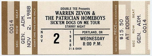 Warren Zevon 1988 Portland Ticket