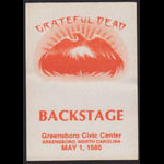 Grateful Dead 5/1/1980 Greensboro NC Backstage Pass