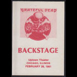 Grateful Dead 2/26/1981 Chicago Backstage Pass
